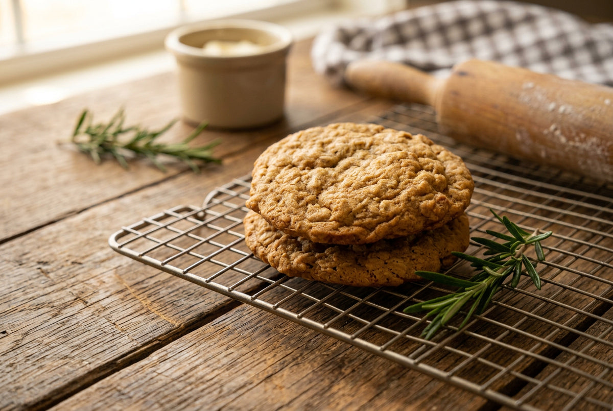 Baked oatmeal cookies on a cooling rack in a homestead kitchen